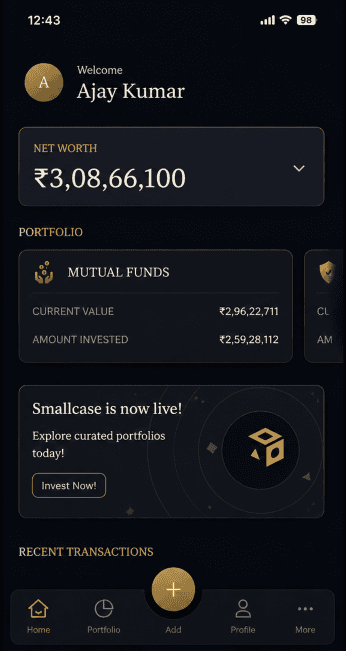 Aureva Wealth App - Home Dashboard - Welcome Ajay Kumar